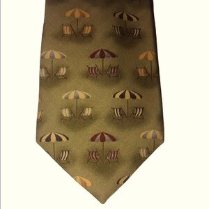 Tommy Bahama khaki green silk tie, umbrellas and chairs beach scene, 4.5” wide